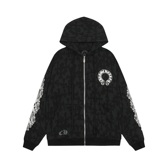 Ch*0me He**ts horseshoe floral zip up hoodie ke818